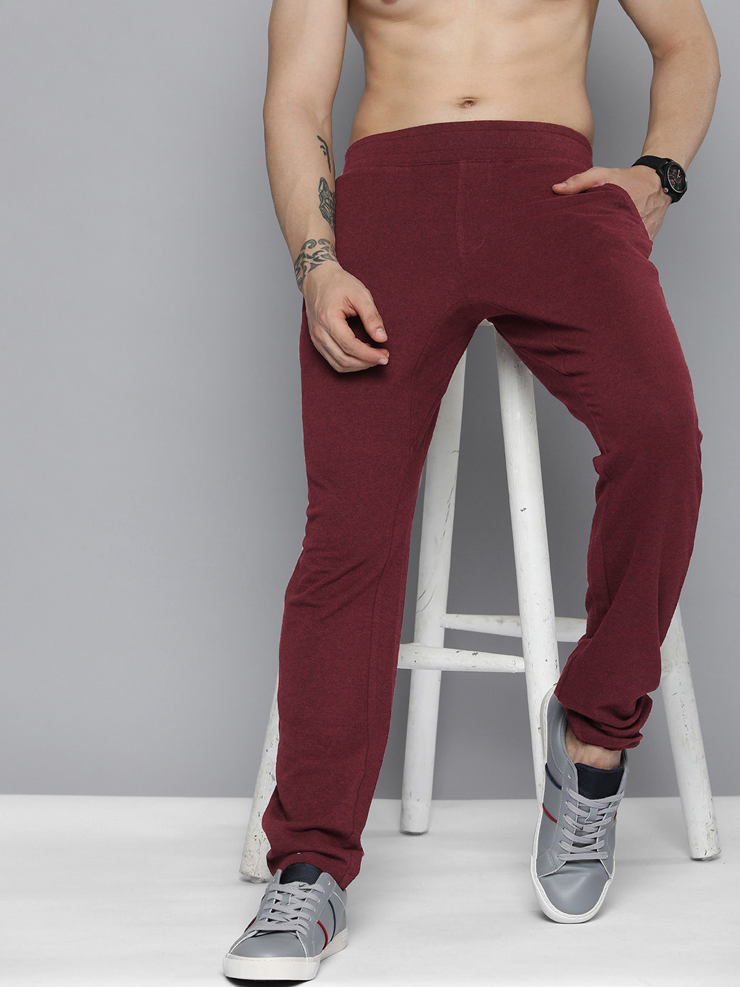 HERE&NOW Men Maroon Solid Knitted Track Pants