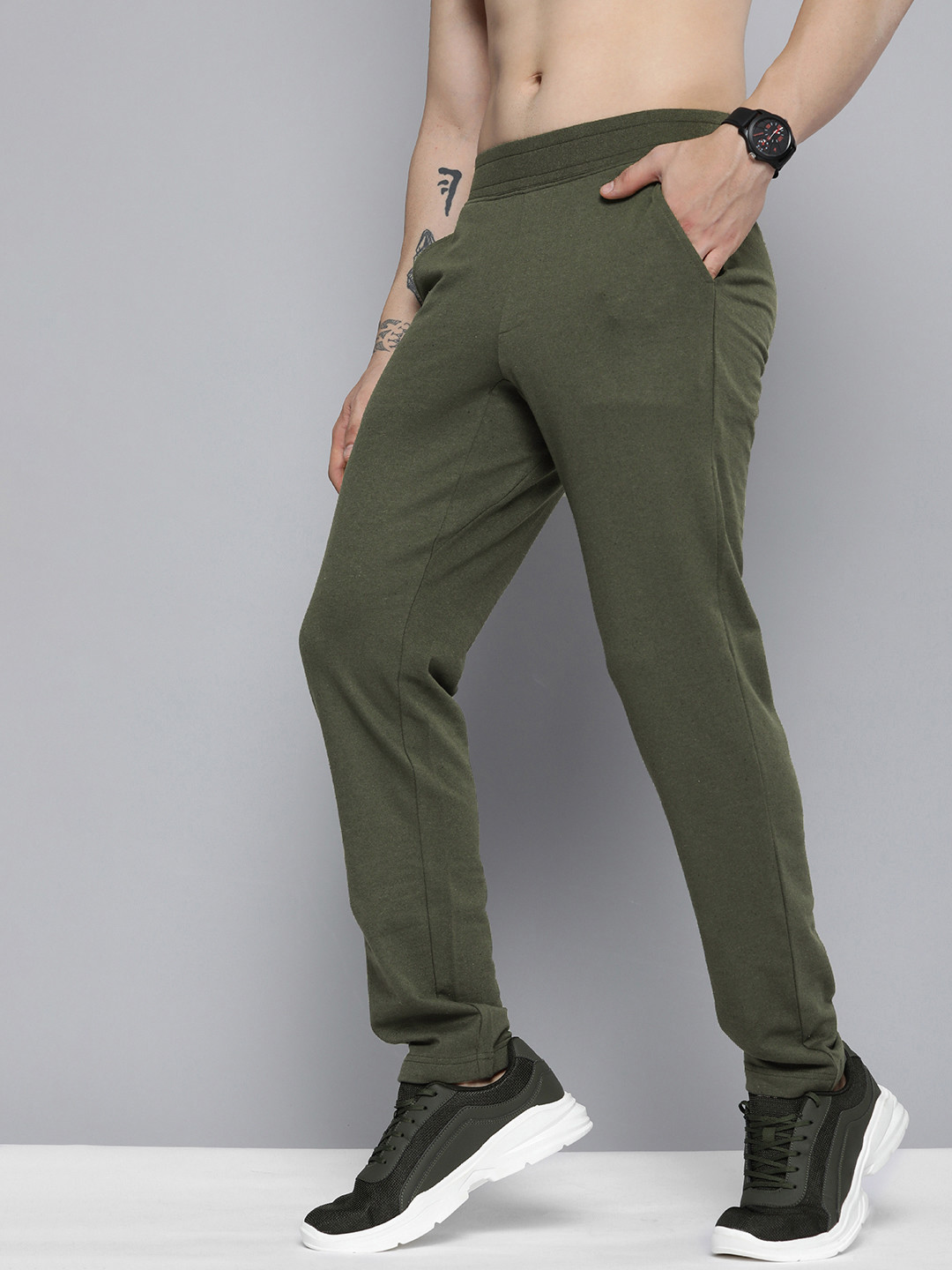 HERE&NOW Men Olive Green Solid Knitted Track Pants
