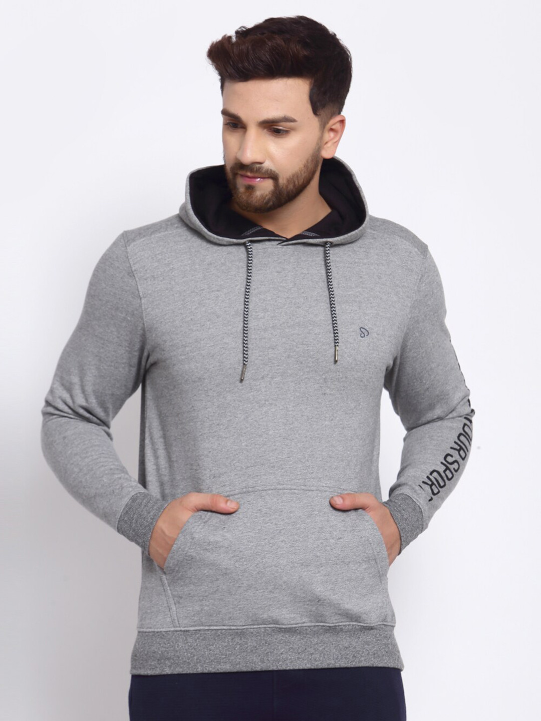 SPORTO Men Grey Hooded Cotton Sweatshirt