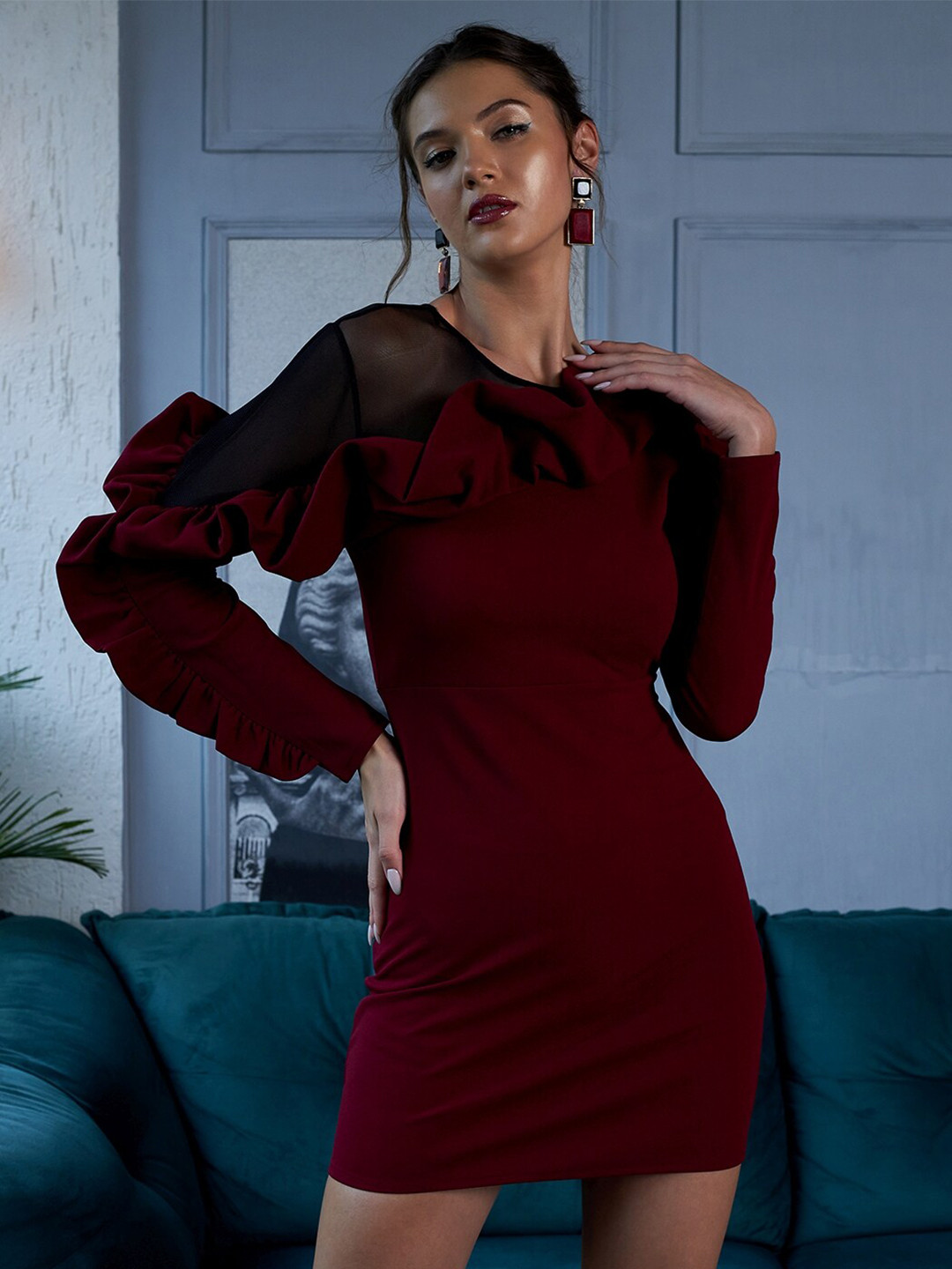 Athena Women Solid Ruffles Bodycon Mini Dress