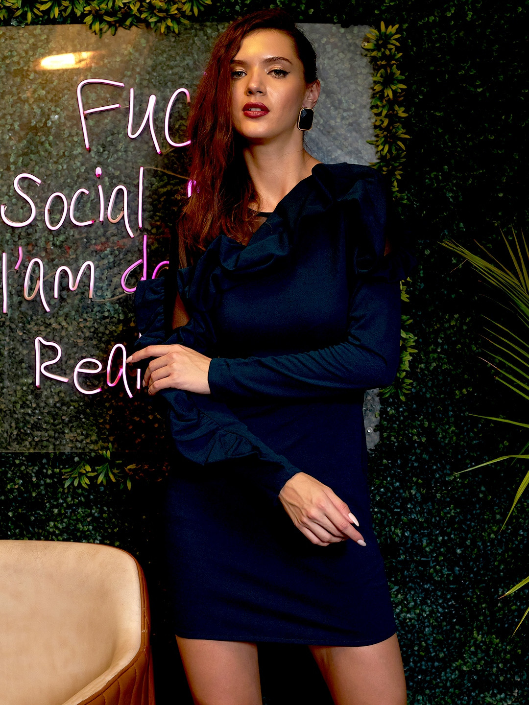 Athena Women Solid Ruffles Bodycon Mini Dress