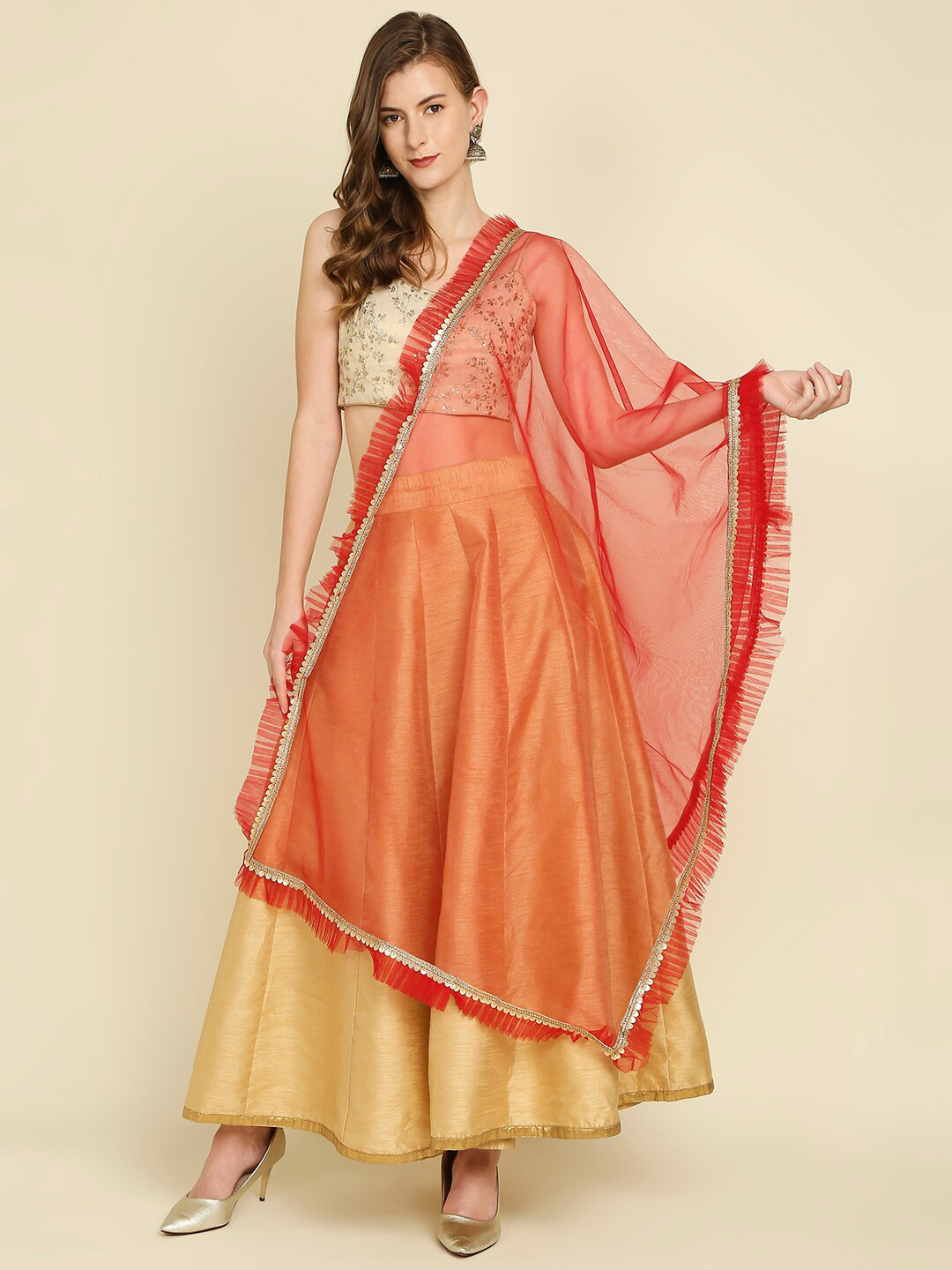 Dupatta Bazaar Ruffle and Lace Embellished Border Net Dupatta