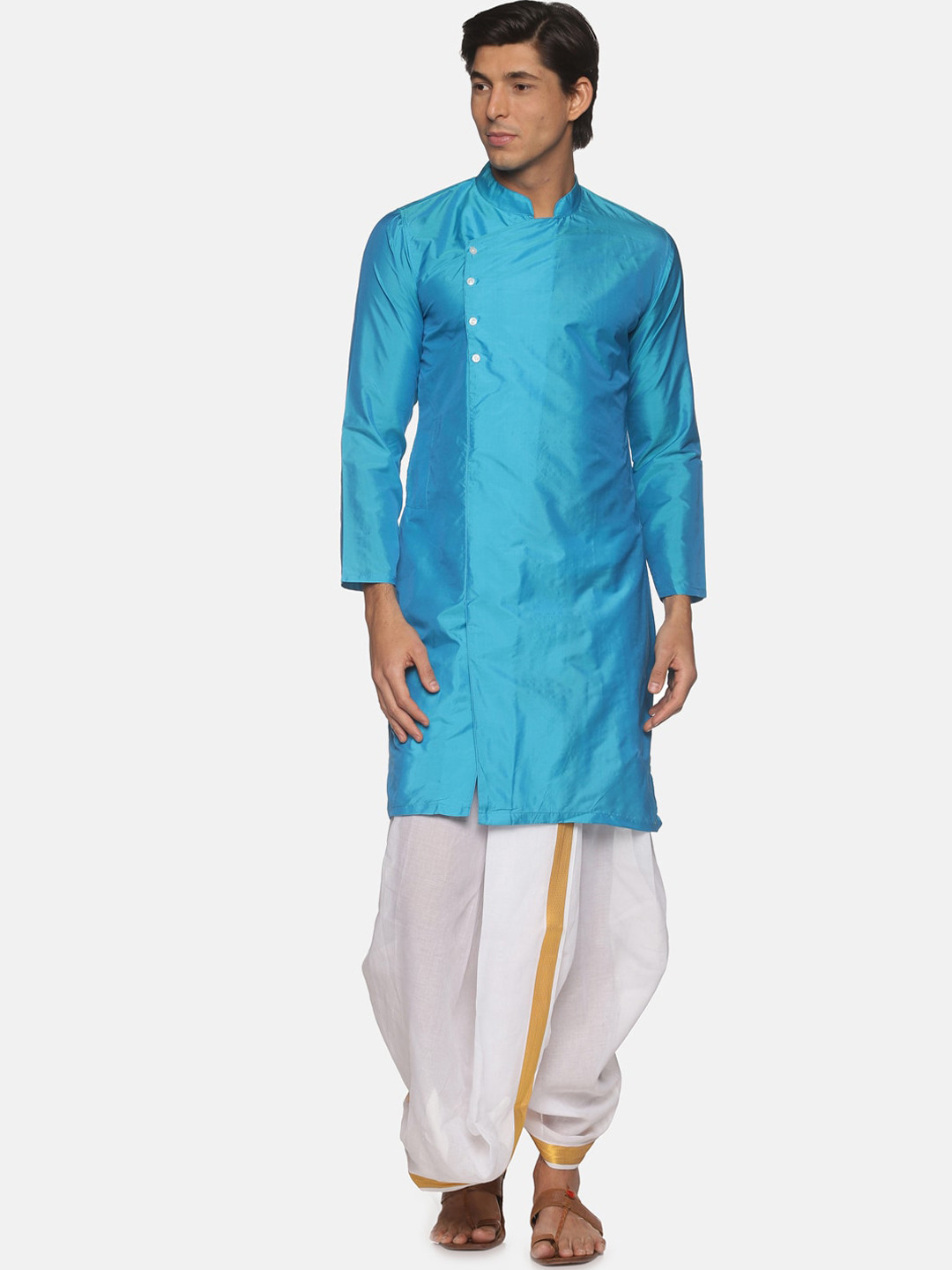 Sethukrishna Men Turquoise Blue Solid Kurta with Dhoti Pants