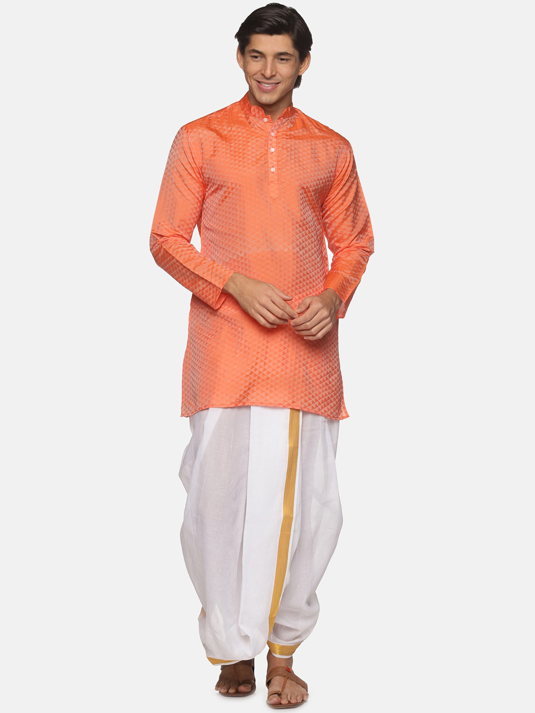 Sethukrishna Men Orange Art Silk Woven Silk Kurta with Dhoti Pant Set