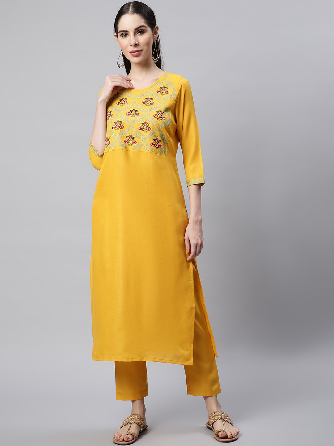 Sringam Women Yellow Embroidered Kurta with Trouser