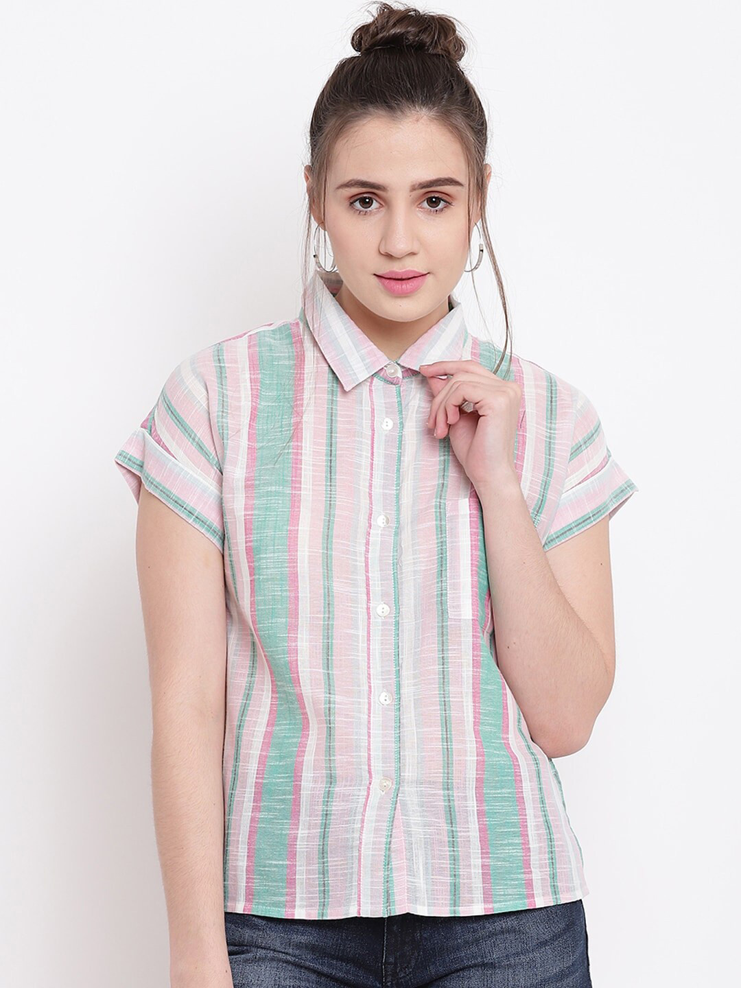 Be Indi Pink Striped Extended Sleeves Shirt Style Cotton Top