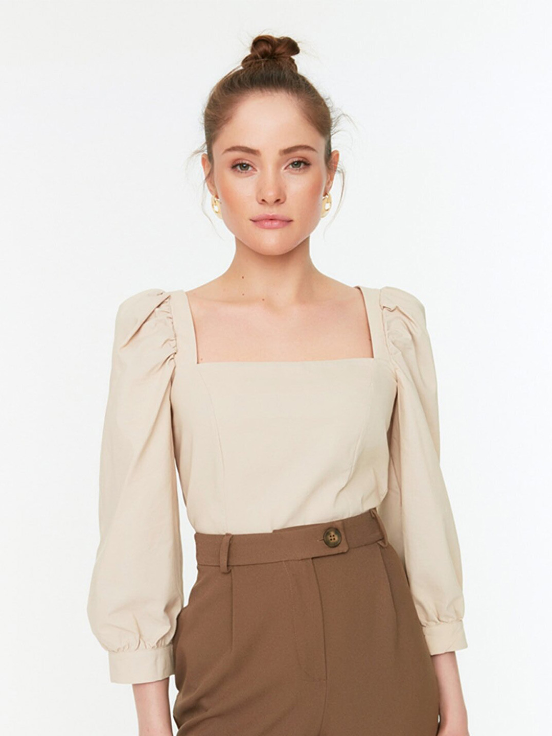 Trendyol Women Solid Puff Sleeve Crop Top