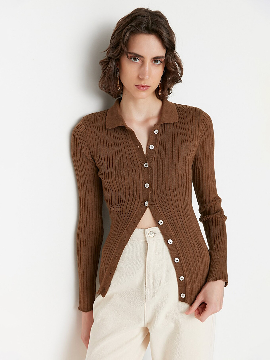 Trendyol Brown Striped Shirt Style Top