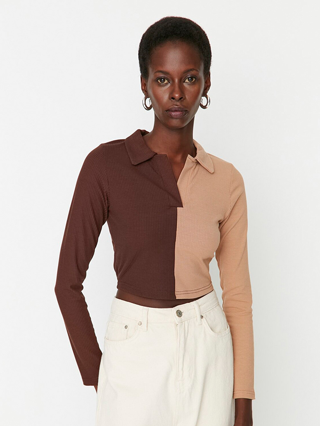 Trendyol Brown Colourblocked Shirt Style Top