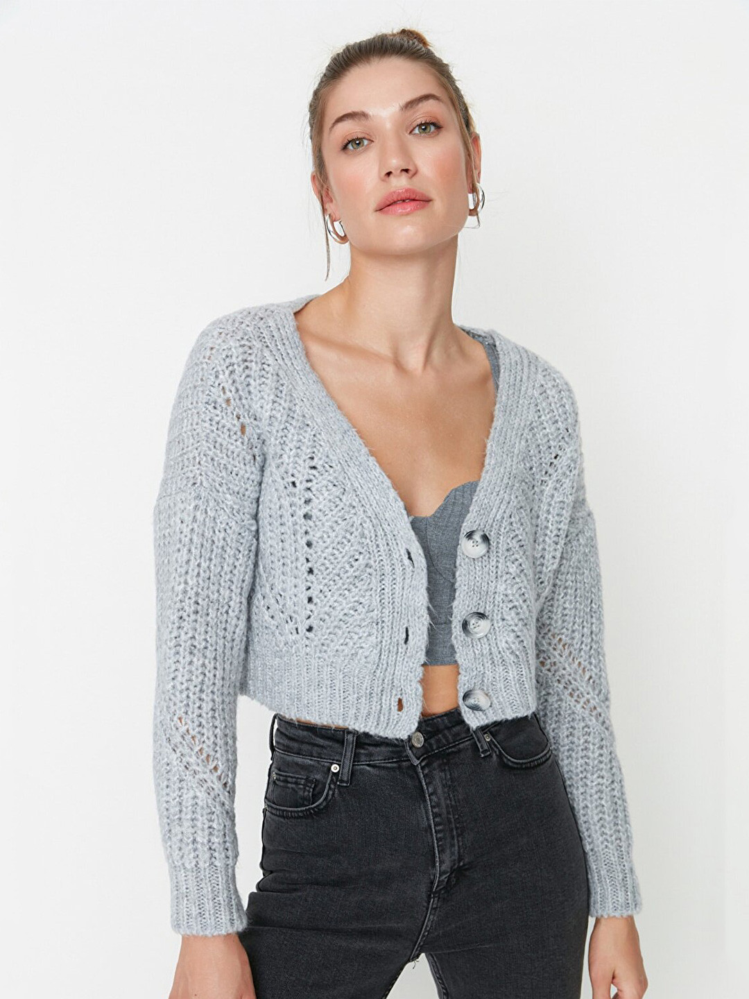 Trendyol Grey Embellished Off-Shoulder Top