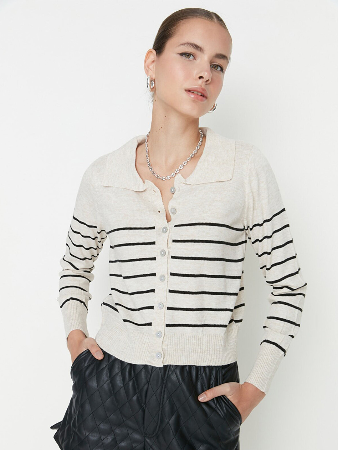 Trendyol Beige Striped Shirt Style Top