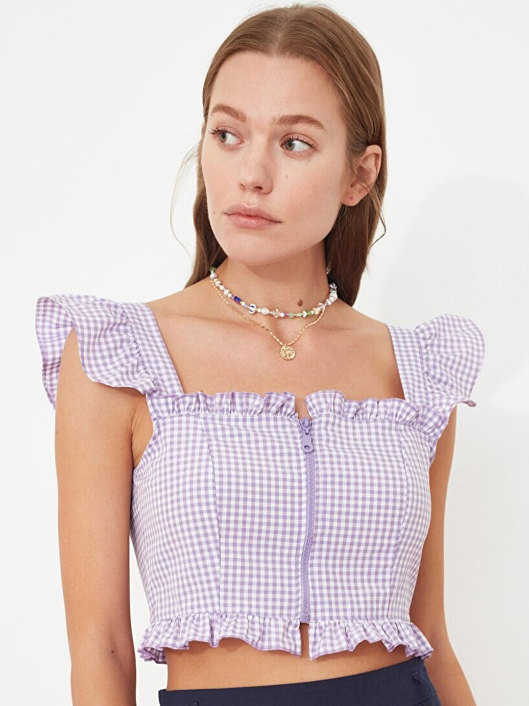 Trendyol Violet Checked Blouson Crop Top