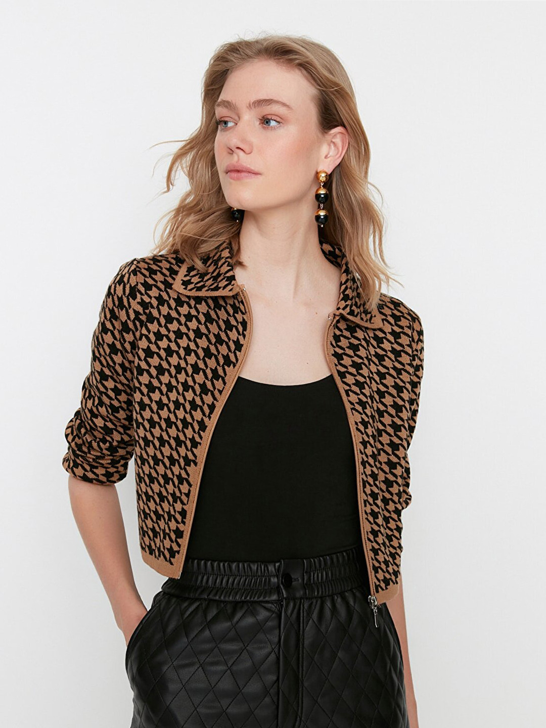 Trendyol Camel Brown Geometric Print Shirt Style Crop Top