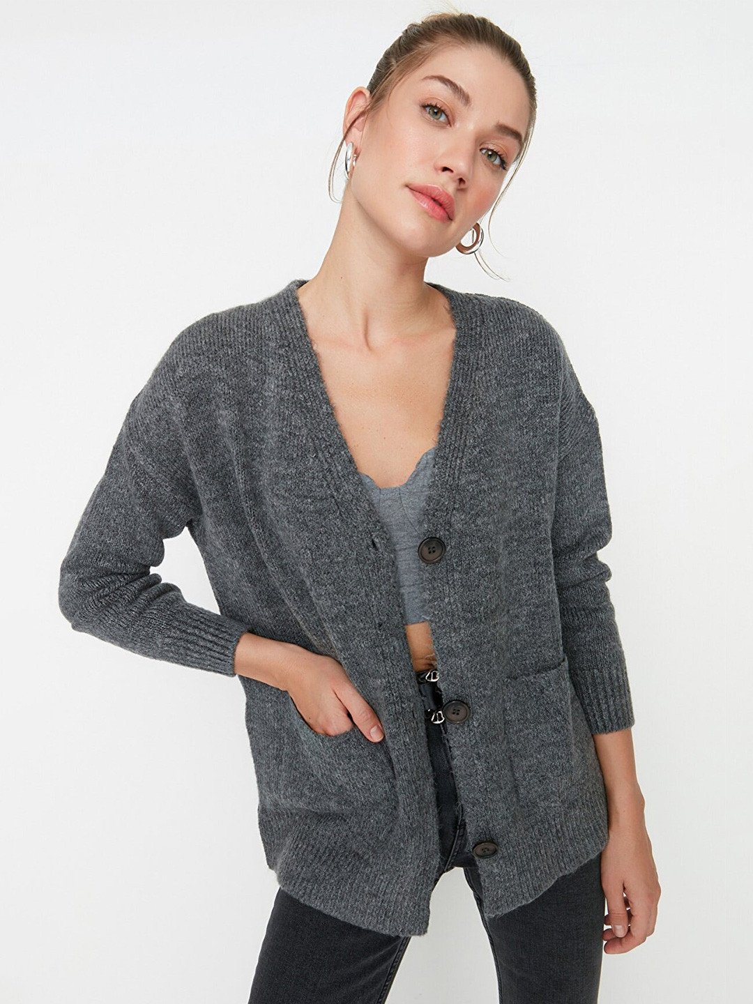 Trendyol Charcoal Sweetheart Neck Top
