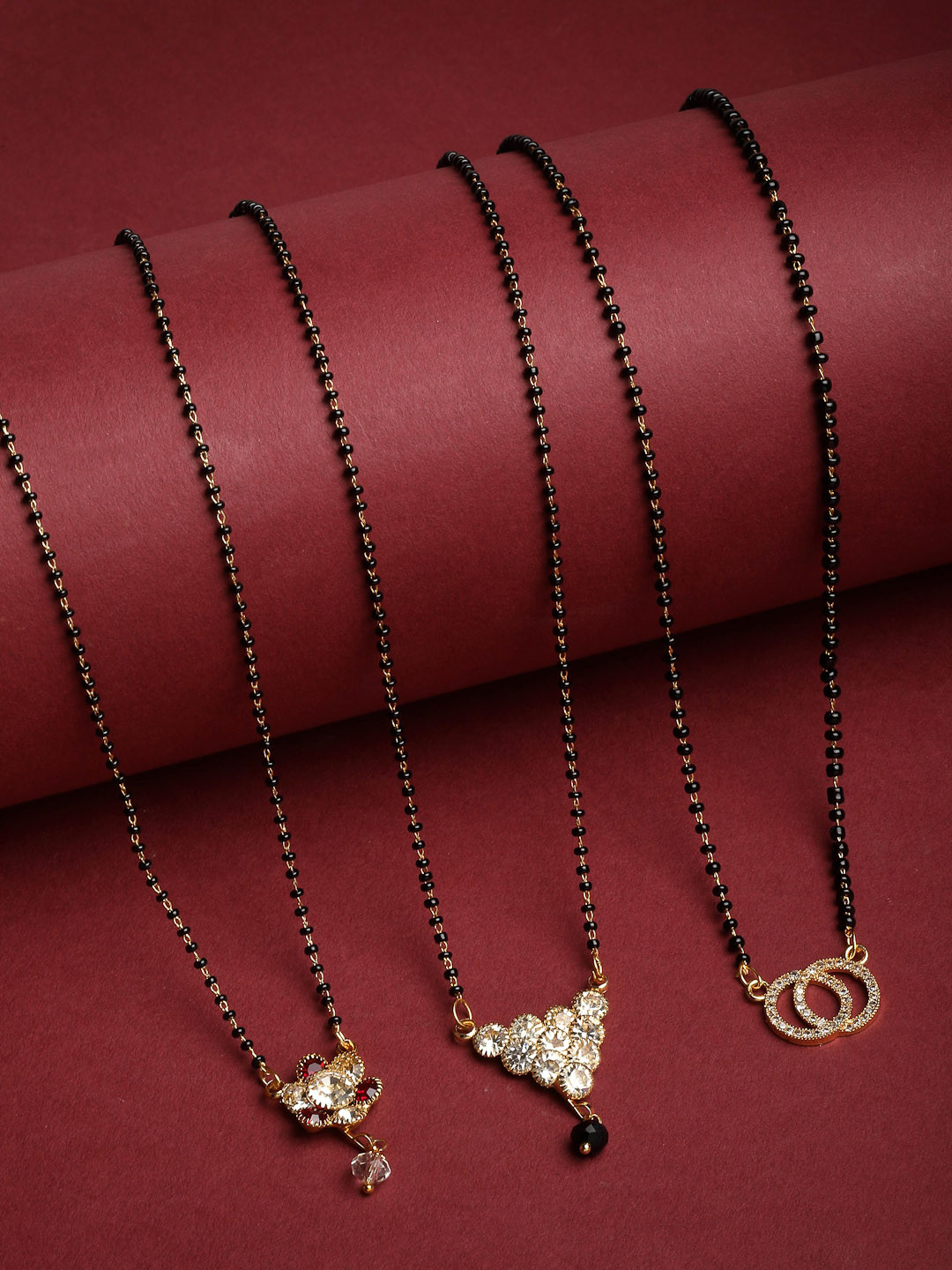 PANASH Set Of 3 Gold-Plated Beaded & AD Stone Studded Mangalsutra