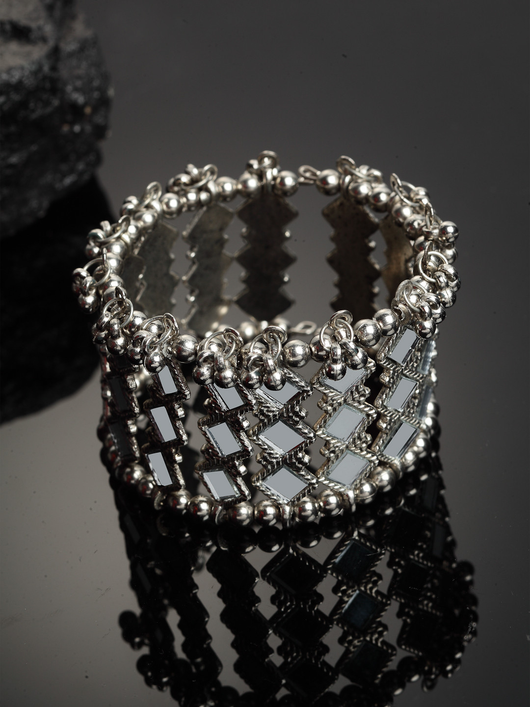PANASH Women German Silver Oxidised Bangle-Style Mirror Work Bracelet