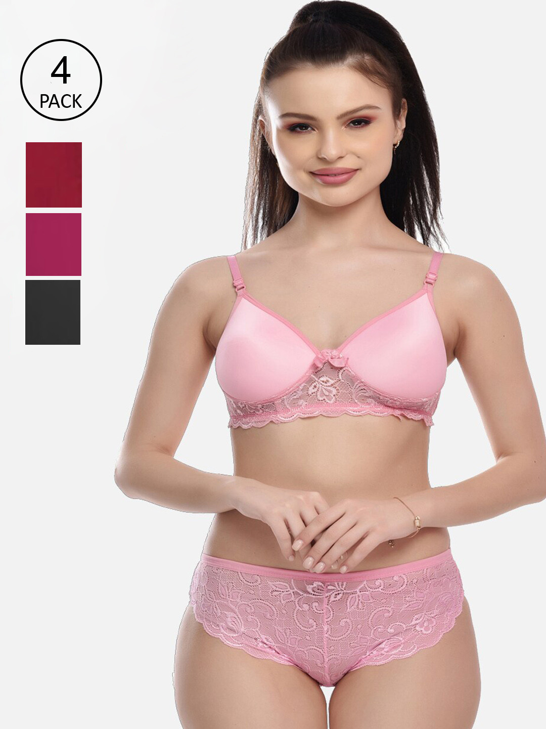 FIMS Women Pack Of 4 Solid Lingerie Set MTR_Jasmin_Pad_Set_PinkPupleMaronBlak_30