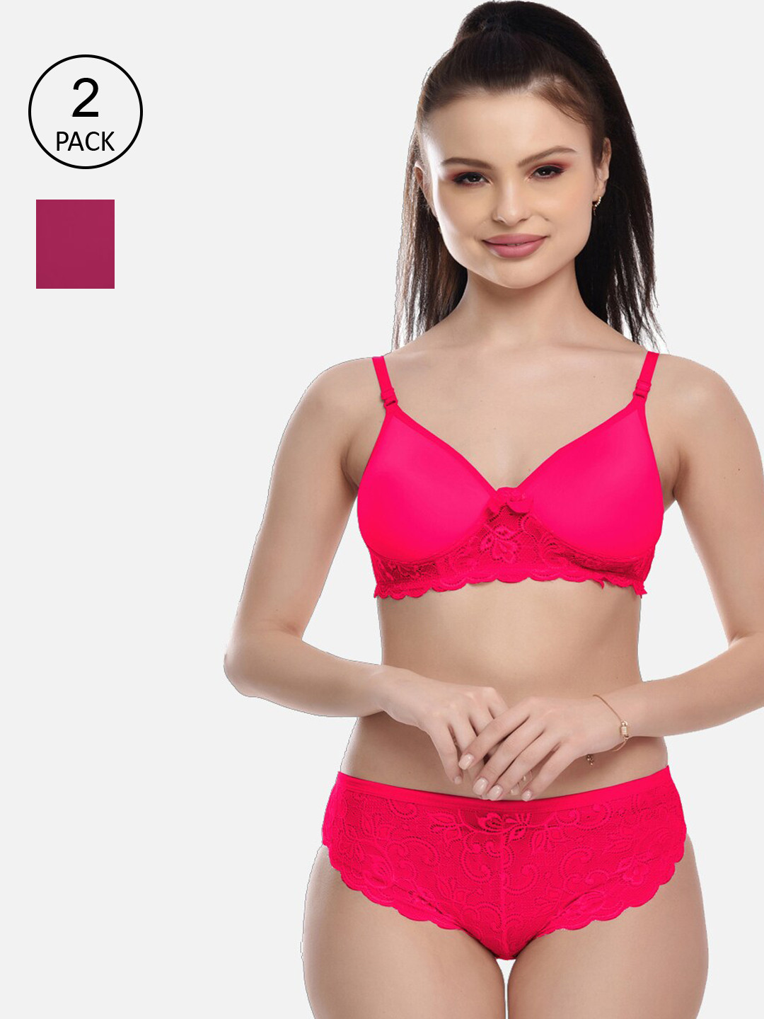 FIMS Women Pack Of 2 Solid Lace Lingerie Set MTR_Jasmine_Pad_Set_RaniPurple_B-Multicolor