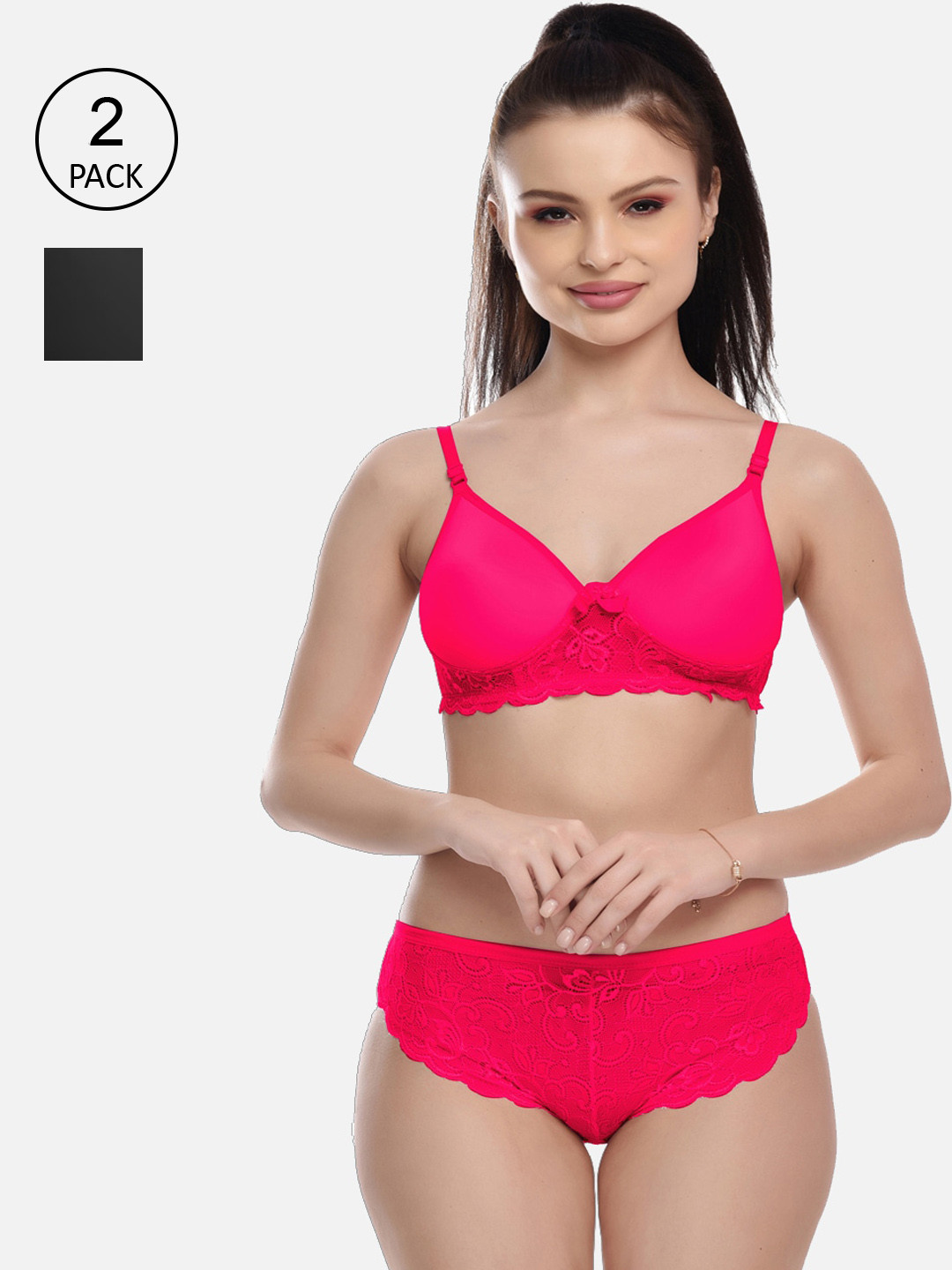 FIMS Women Pack Of 2 Self Design Lingerie Set MTR_Jasmine_Pad_Set_RaniBlack_B
