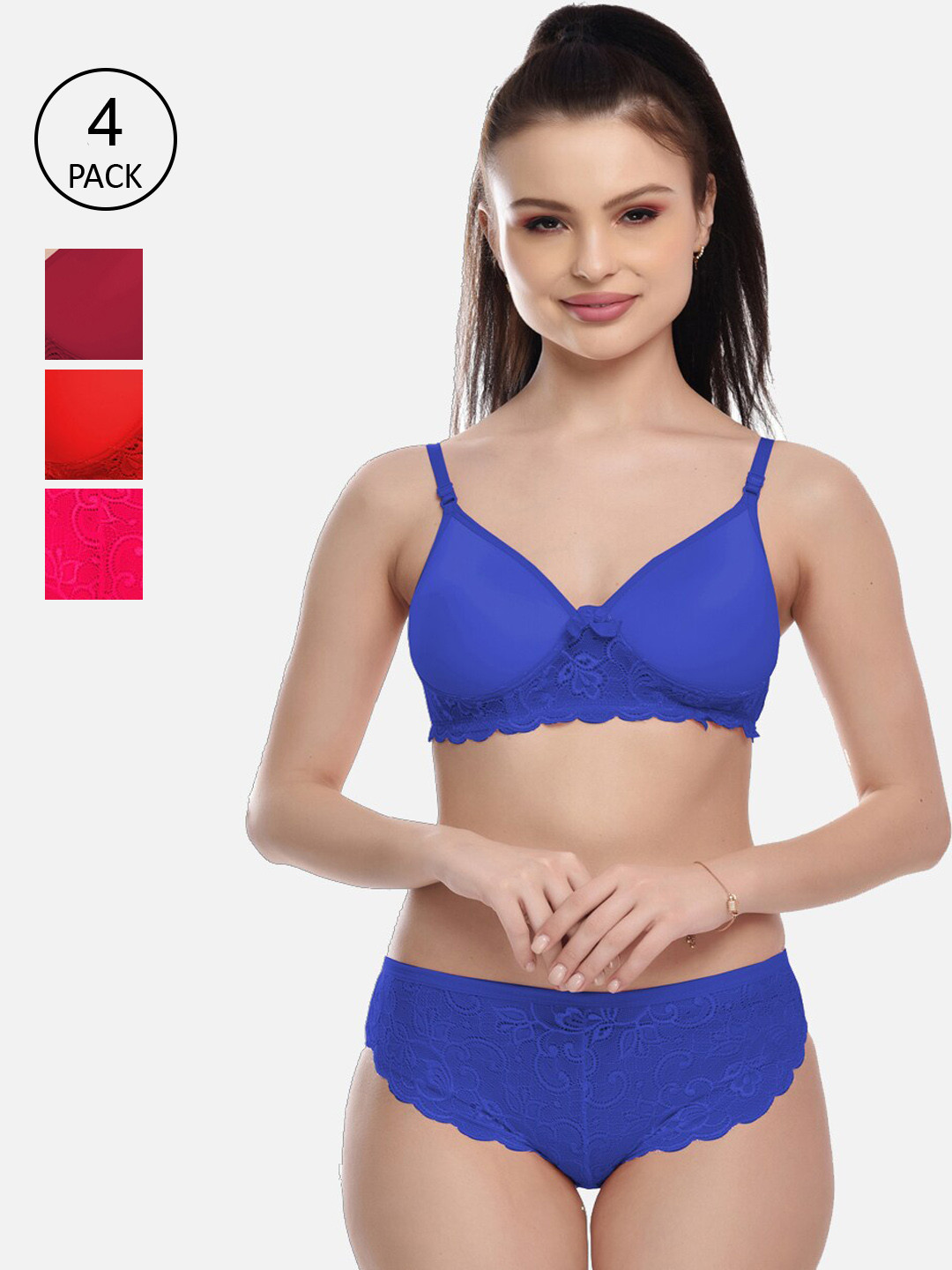 FIMS Women Pack Of 4 Solid Lace Lingerie Set MTR_Jasmin_Pad_Set_BlueRedRaniMaroon_B