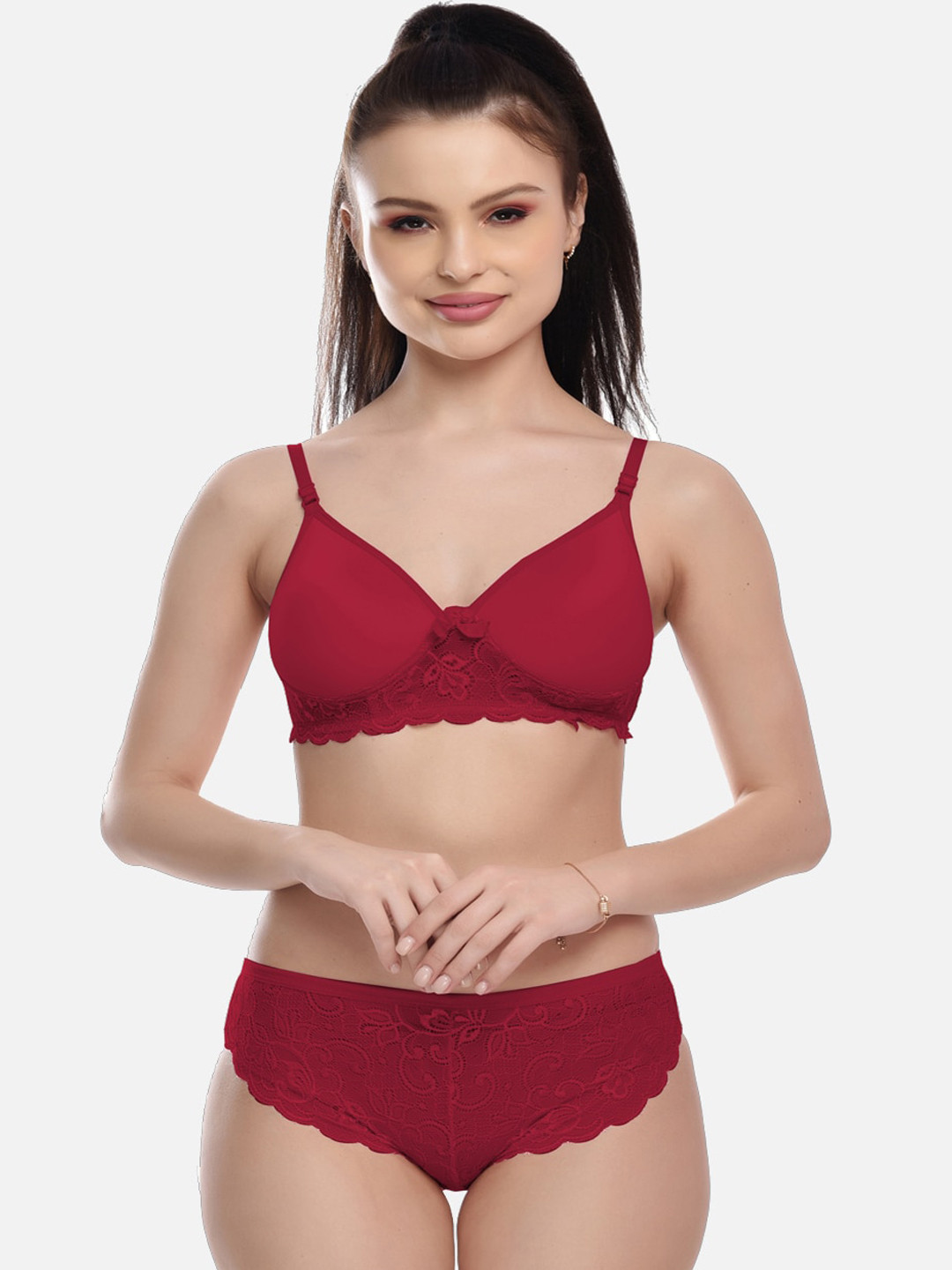 FIMS Women Solid Lace Lingerie Set MTR_Jasmine_Pad_Set_Maroon_B-Multicolor