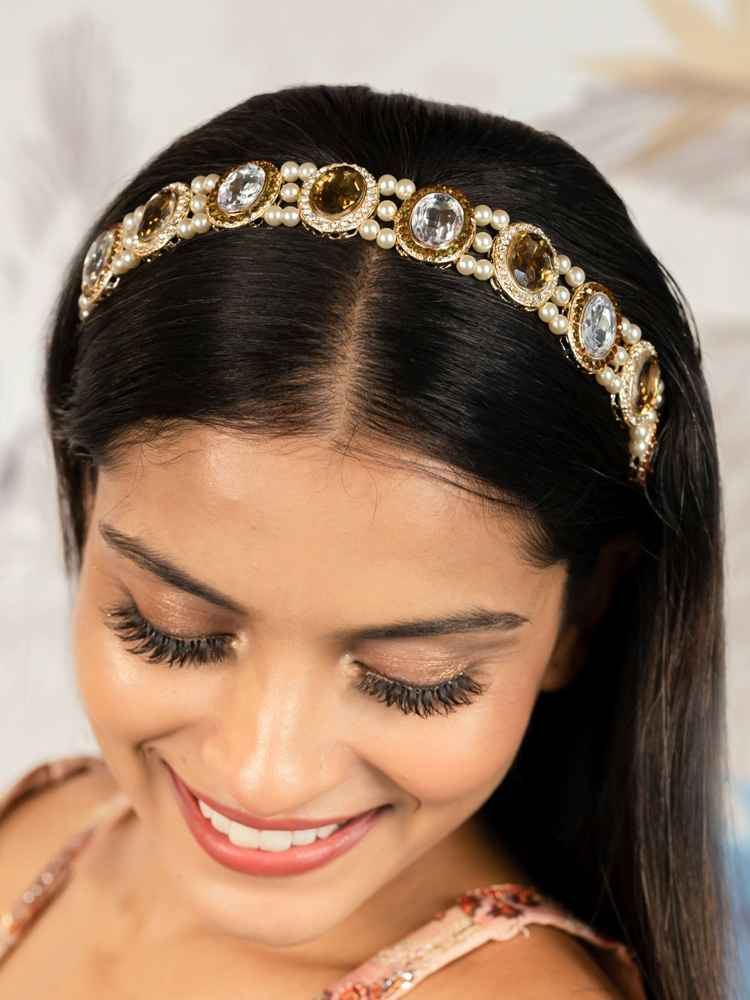 HAIR DRAMA CO. Women Champagne Gold Plated Pearls & Crystals embellished Headband