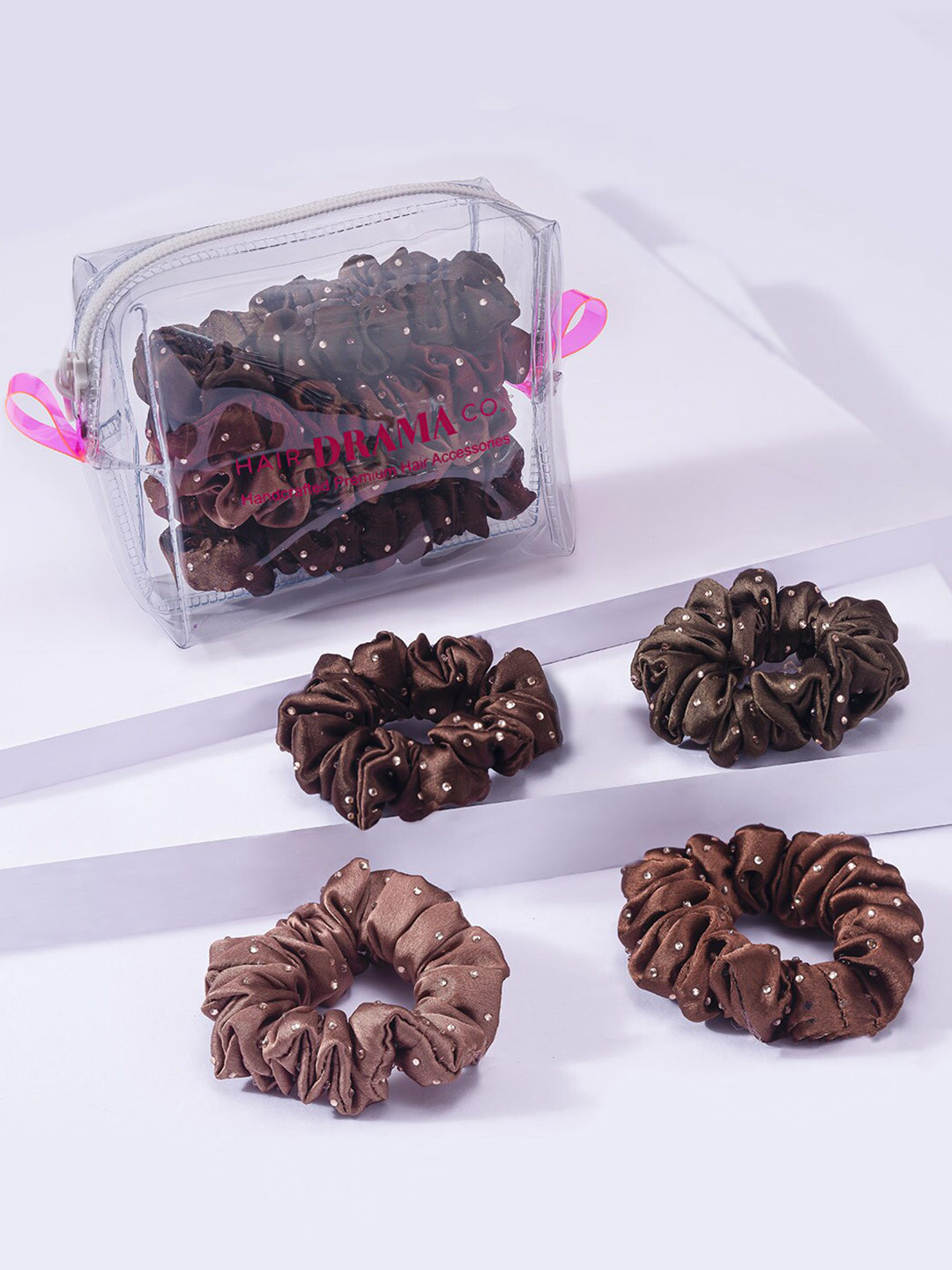 HAIR DRAMA CO. Women Set of 4 Brown Crystal Scrunchies with Traveller Bag