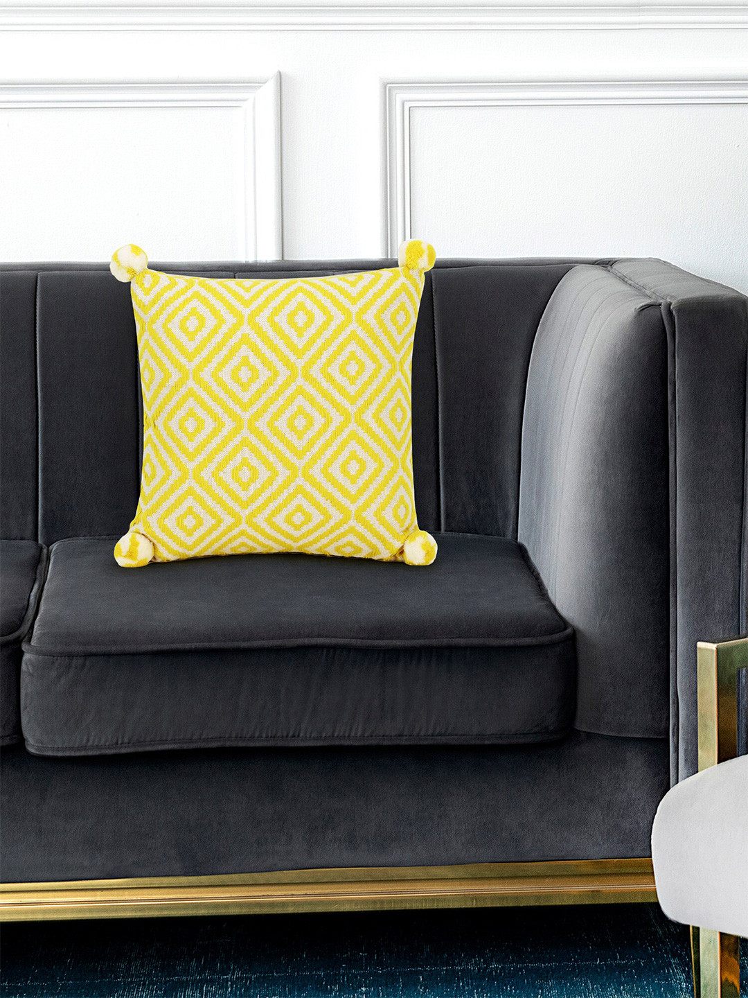 Mezposh Lemon Off Geometric Cotton Textured Square Cushion Covers - 15.7 x 15.7 In