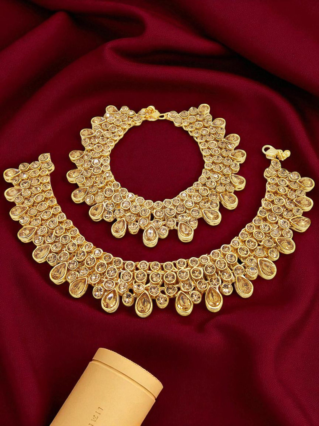 FEMMIBELLA  Gold-Plated 3 Layered Stone Anklet With Ghungroo