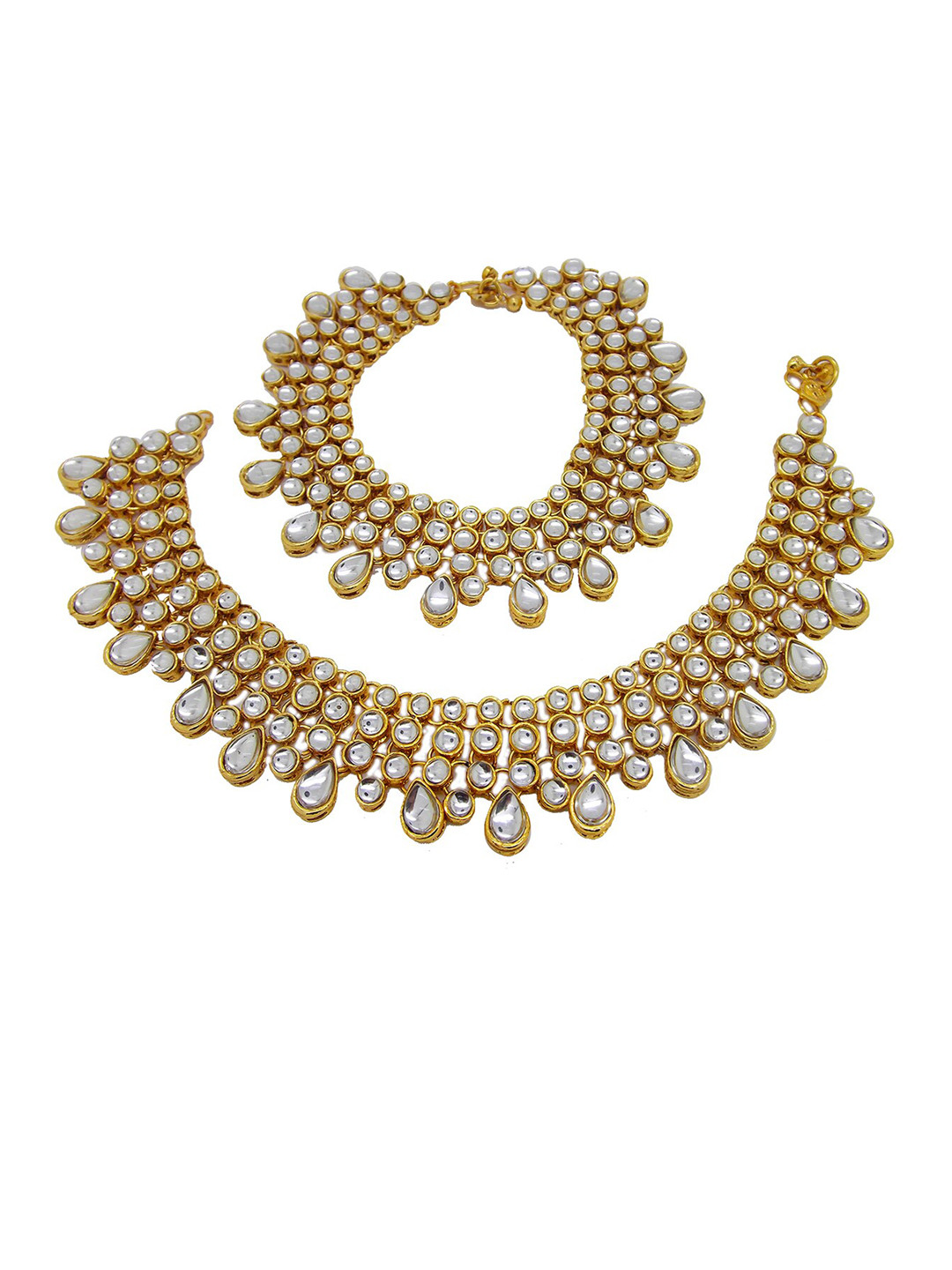 FEMMIBELLA Gold-Plated Stone & Kundan-Studded Layered Anklet
