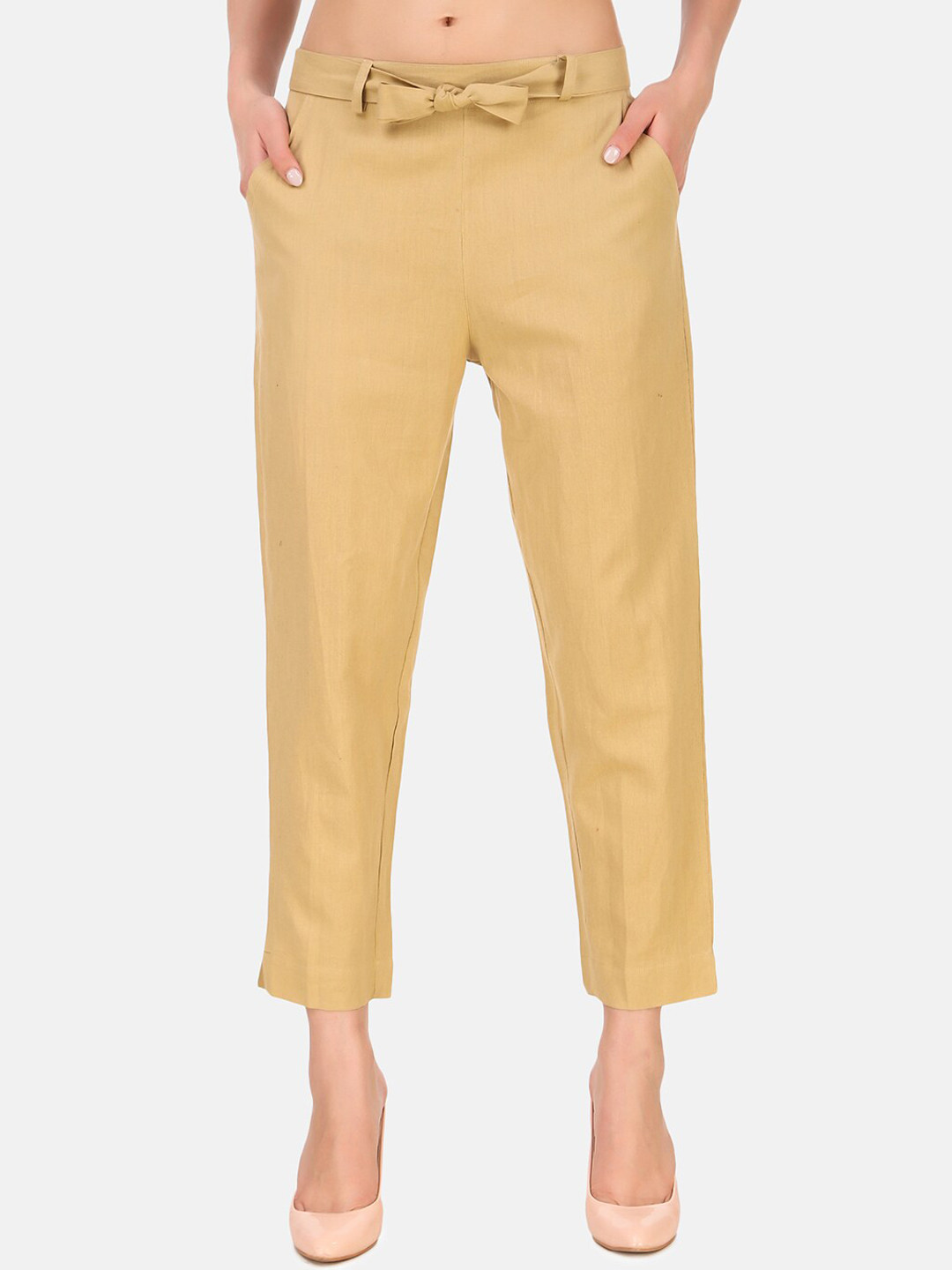 Aawari Women Beige Solid High-Rise Formal Cotton Trouser with Belt