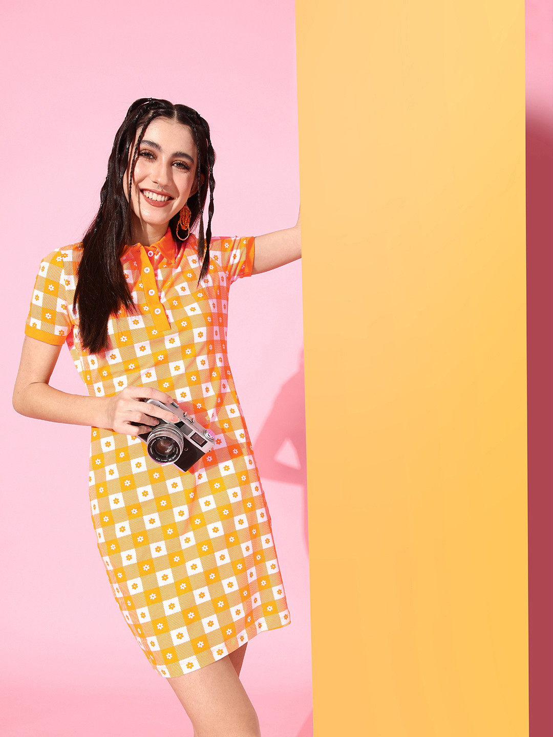 People Woman Floral Checked Shirt Mini Dress