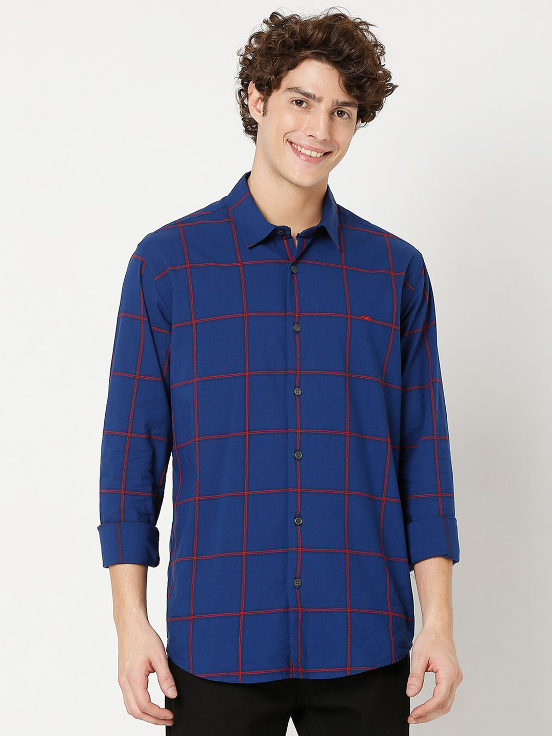 Mufti Men Navy Blue Classic Slim Fit Windowpane Checks Checked Casual Shirt