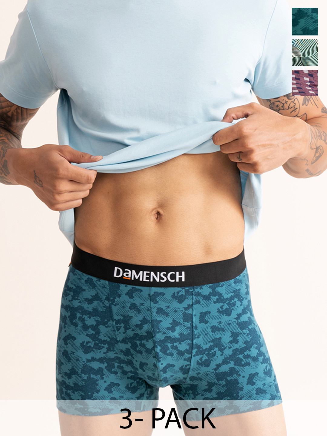 DaMENSCH Pack of 3 Deo-Cotton Printed Anti-Bacterial Cotton Trunks DAM-CTPT-T-ERR-TUU-AEG
