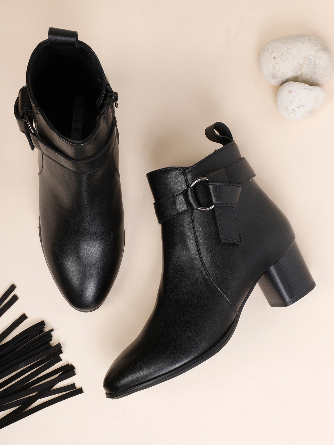 ELLE Women Black Solid Leather Ankle Boots