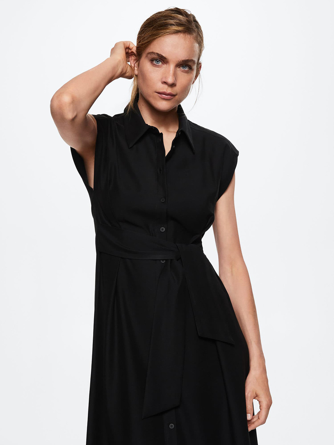 MANGO Black Solid Shirt Midi Sustainable Dress