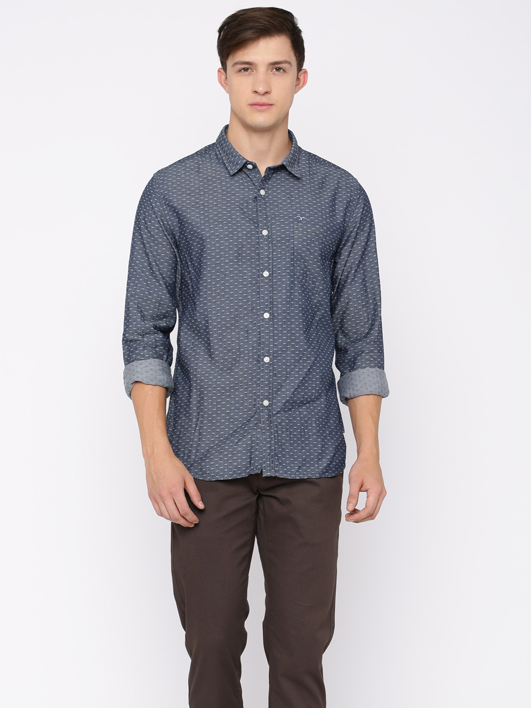 Flying Machine Men Navy Blue Regular Fit Self Design Casual Shirt