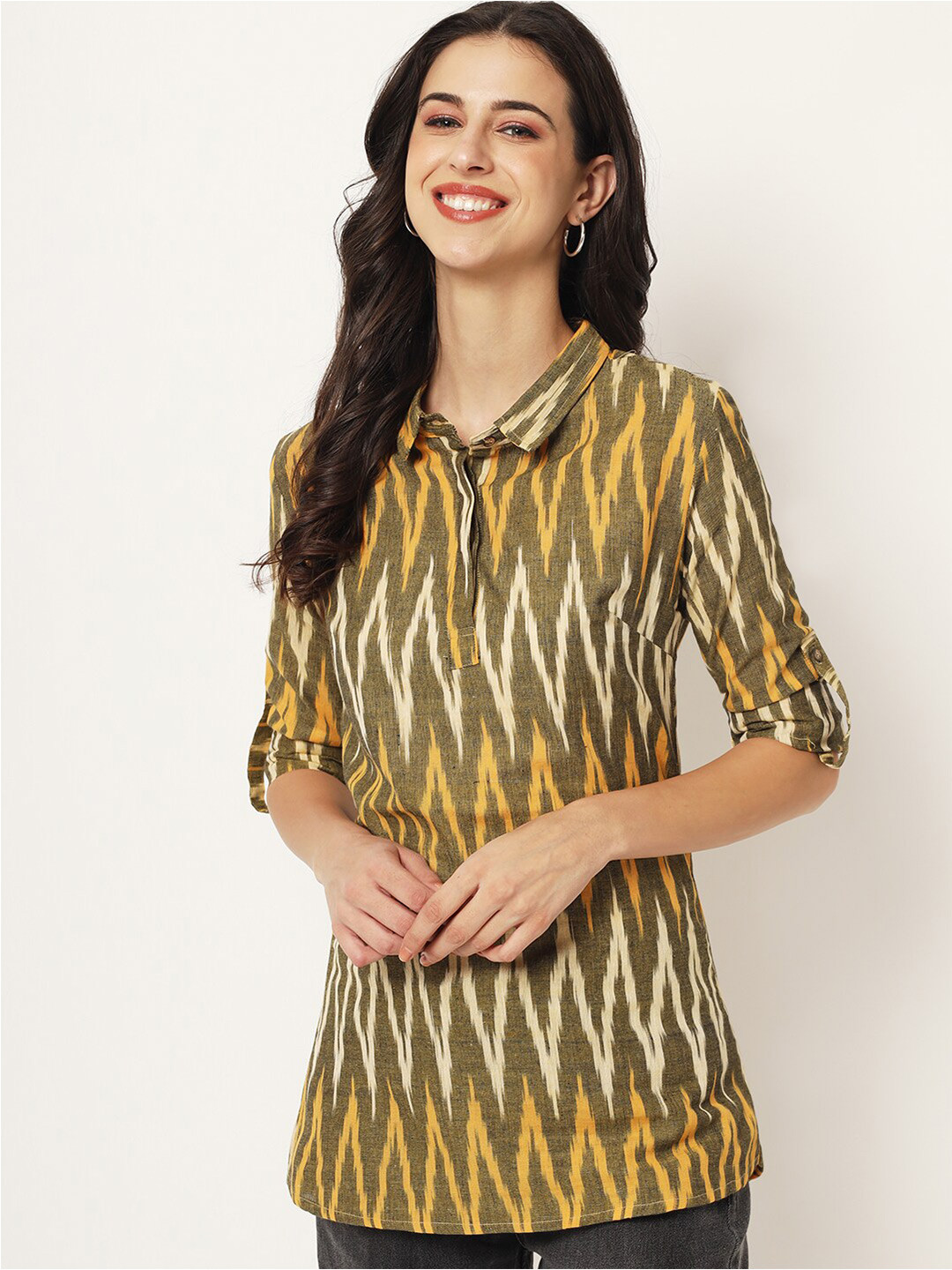 Vastraa Fusion Ikkat Printed Roll-Up Sleeves Top