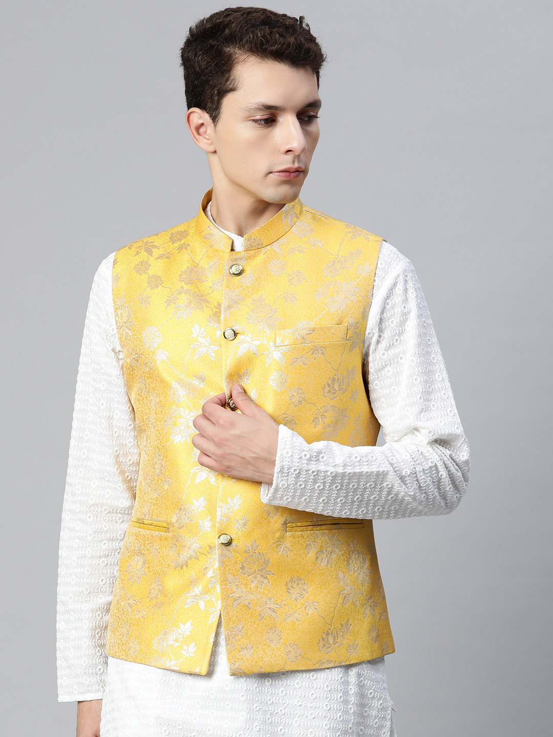 MANQ Men Yellow & Golden Ethnic Motifs Jaquard Woven Design Nehru Jacket