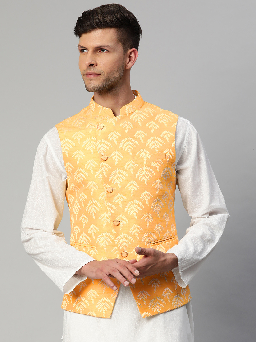 MANQ Men Yellow & Gold Ethnic Motifs Jaquard Woven Design Nehru jacket