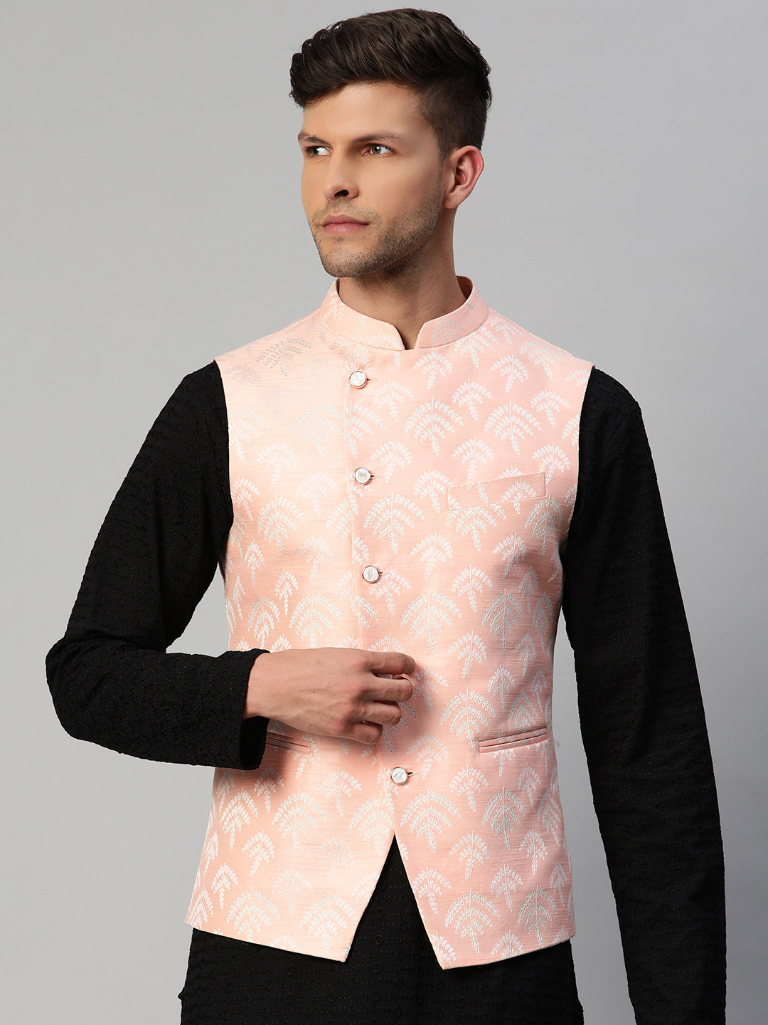 MANQ Men Pink & White Woven Design Nehru Jacket