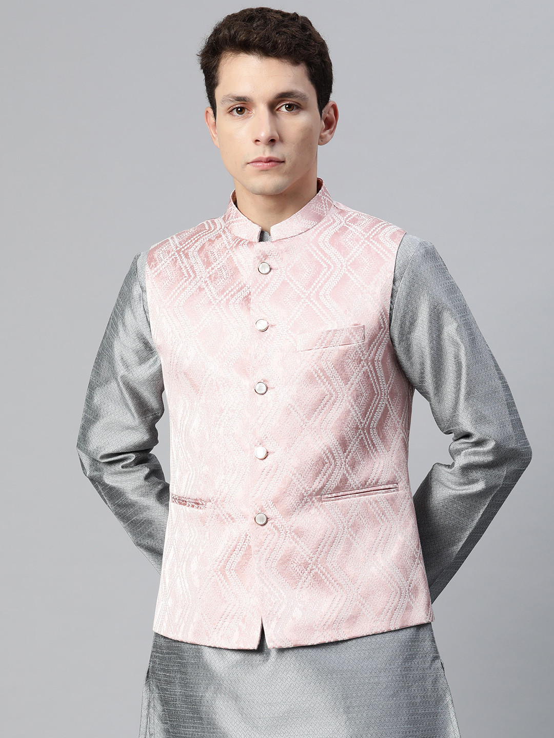 MANQ Men Pink & Silver Ethnic Motifs Jaquard Woven Design Nehru Jacket