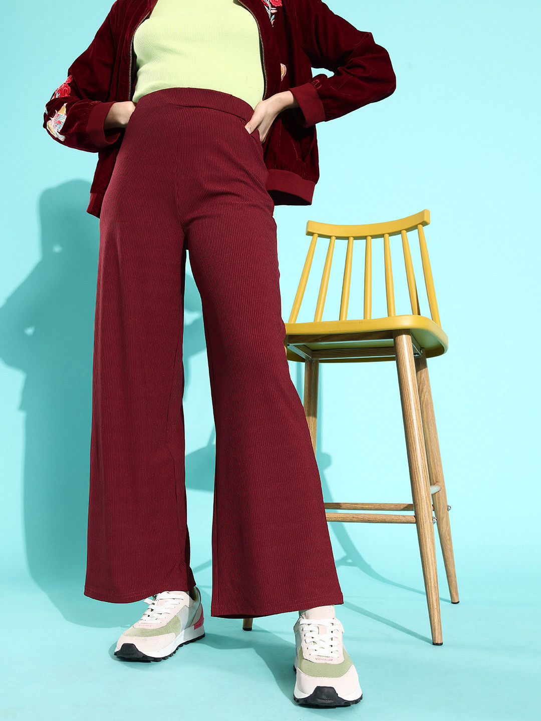 KASSUALLY Women Deep Burgundy Striped Wide Leg Trousers