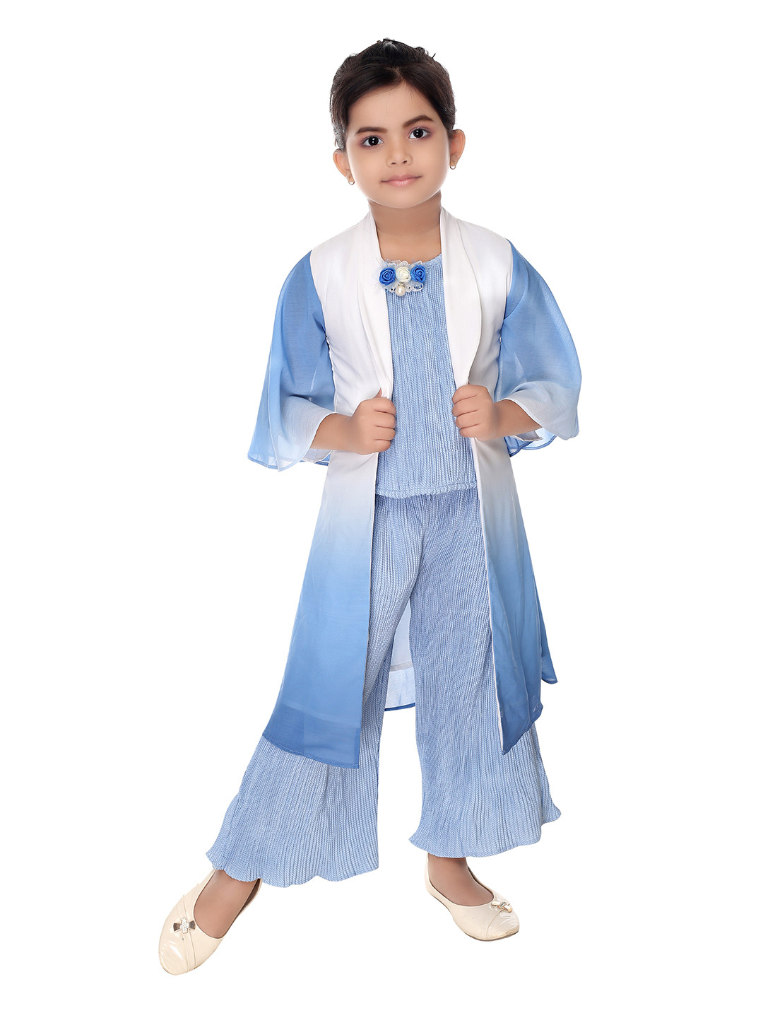 Nottie Planet Girls Blue & White Printed Top with Palazzos With Shrug