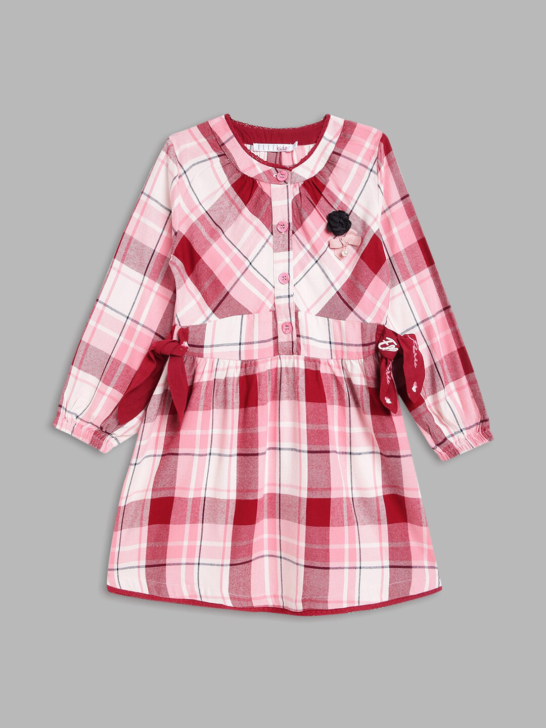 ELLE Checked Cotton A-Line Dress With Corsage Detail