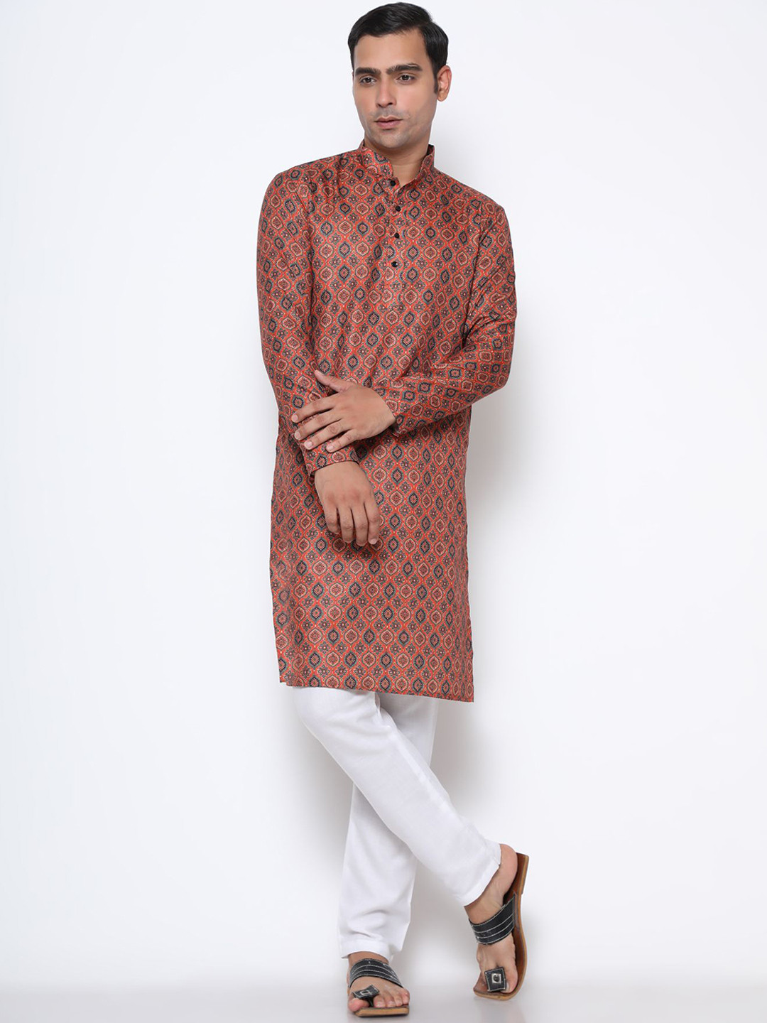 Phenav Men Silk Ethnic Motifs Printed Khadi Kurta