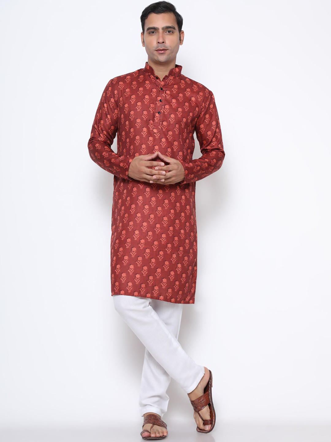 Phenav Men Red Mandarin Collar Silk Kurta