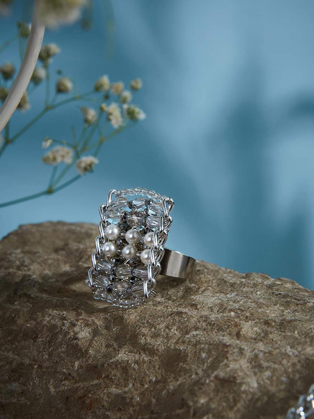 D'oro Women Gold-Plated Pearl Studded Finger Ring