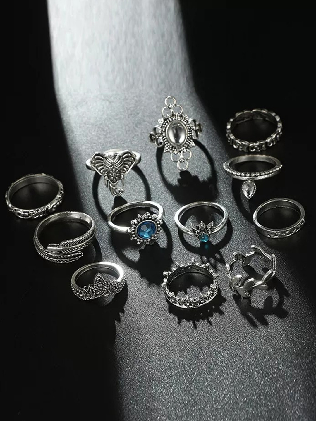 Pinapes Pack Of 12 Silver Plated  & Stone Studded Finger Ring