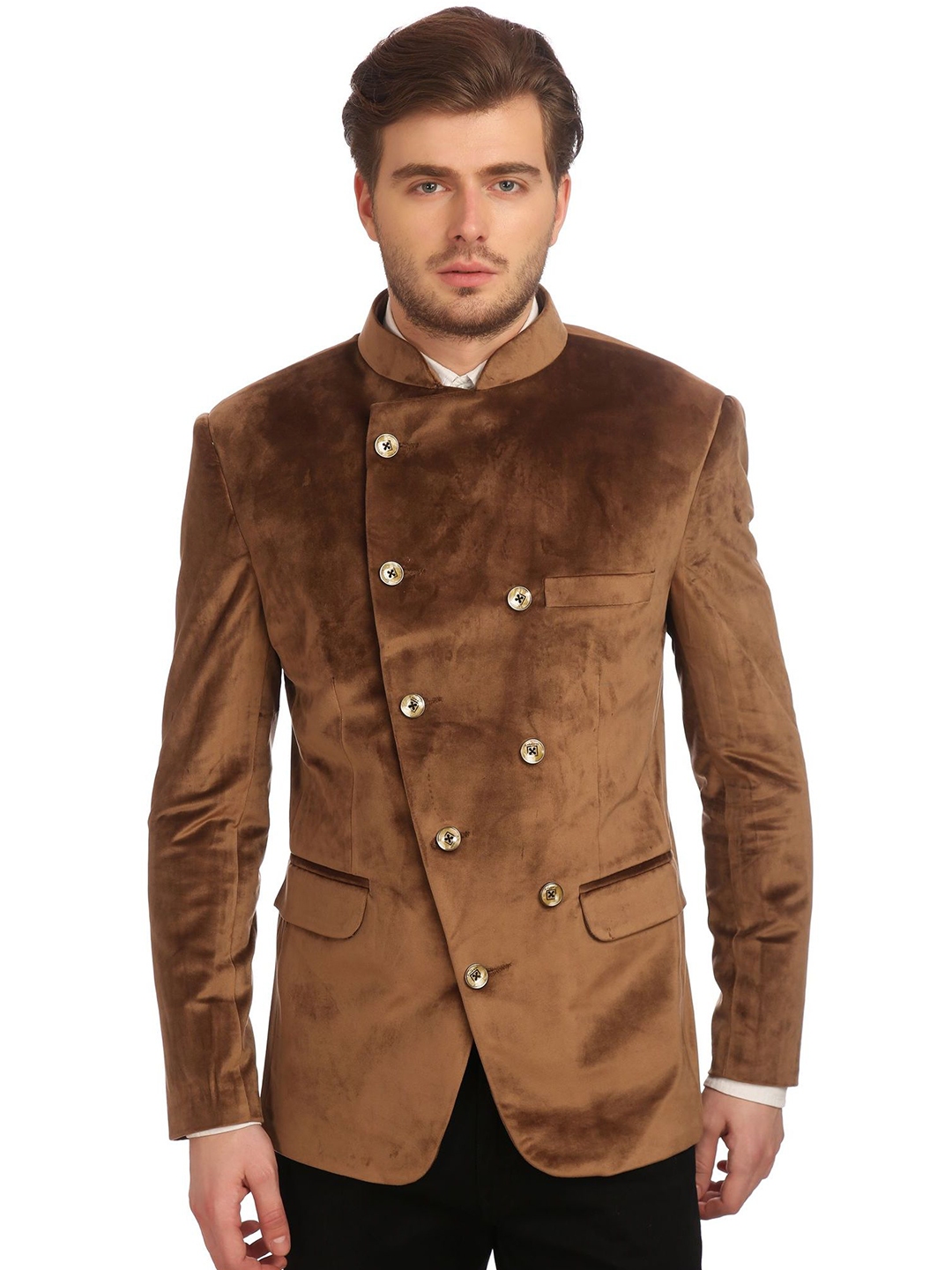 Buy Wintage Men Brown Velvet Double Breasted Tailored Fit Ethnic